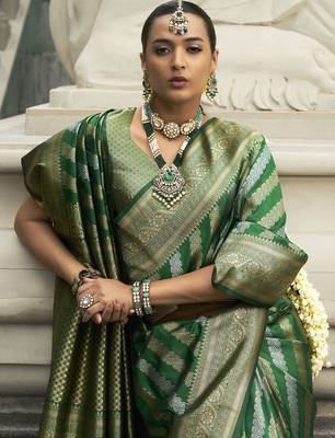 green zari weaving silk blend saree with blouse 2