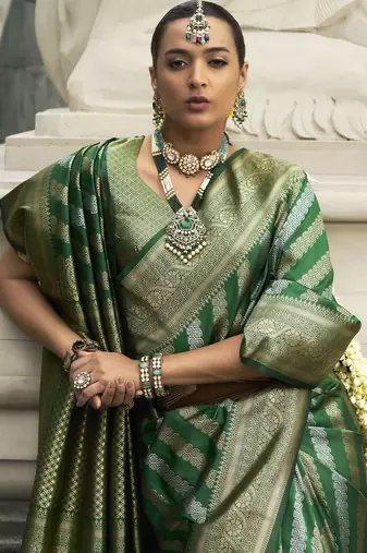 green zari weaving silk blend saree with blouse
