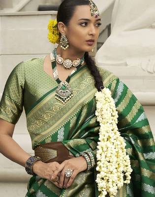 green zari weaving silk blend saree with blouse 3