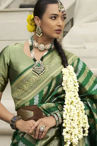green zari weaving silk blend saree with blouse