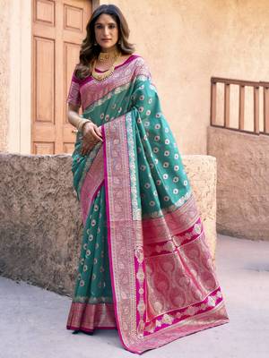 teal green zari weaving silk blend saree with blouse 1