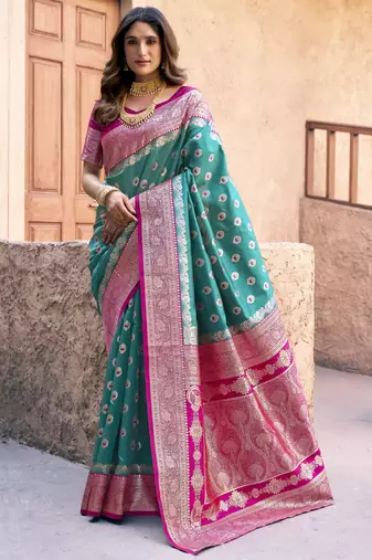 teal green zari weaving silk blend saree with blouse