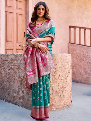 teal green zari weaving silk blend saree with blouse 2