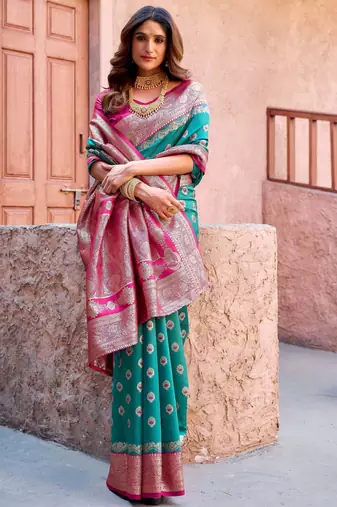 teal green zari weaving silk blend saree with blouse