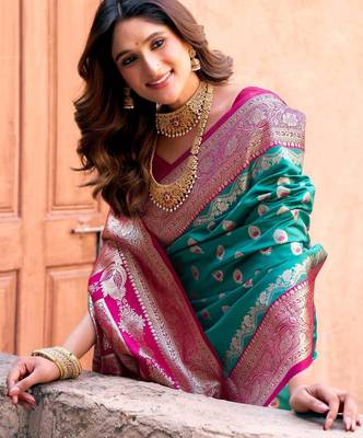 teal green zari weaving silk blend saree with blouse 3