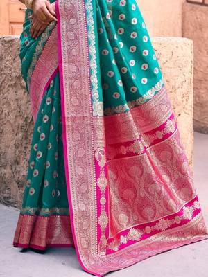 teal green zari weaving silk blend saree with blouse 4