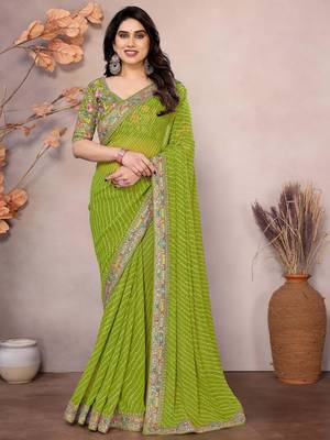 parrot green georgette thread embroidered saree 1