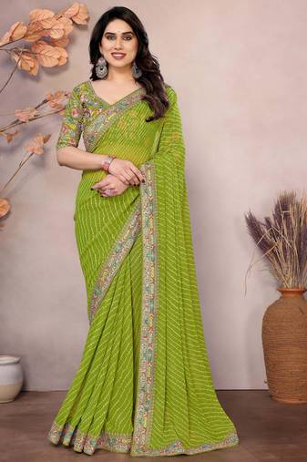 parrot green georgette thread embroidered saree