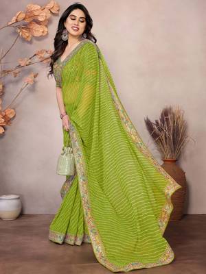 parrot green georgette thread embroidered saree 2
