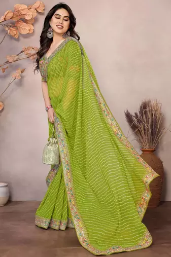 parrot green georgette thread embroidered saree