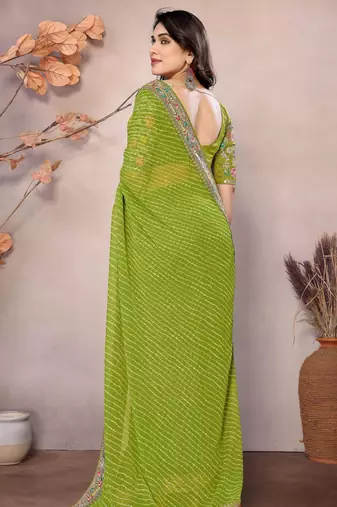 parrot green georgette thread embroidered saree