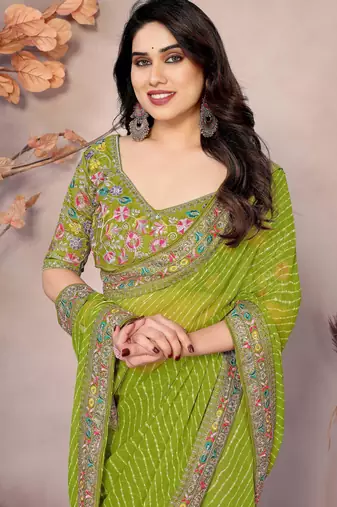 parrot green georgette thread embroidered saree