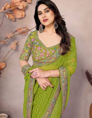 parrot green georgette thread embroidered saree 5