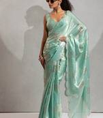 Firozi handwork zarkan border work satin silk party wear saree