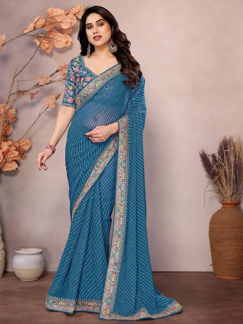 teal blue leheriya printed saree with blouse