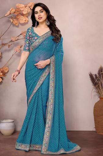 teal blue leheriya printed saree with blouse