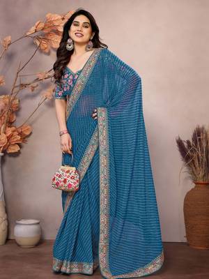 teal blue leheriya printed saree with blouse 2