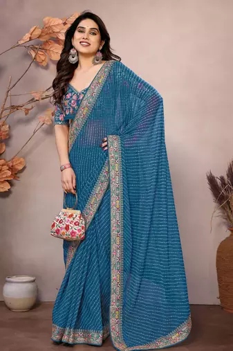 teal blue leheriya printed saree with blouse