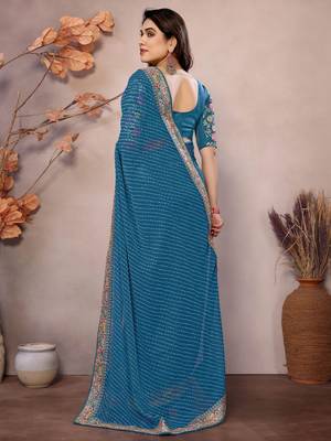 teal blue leheriya printed saree with blouse 3
