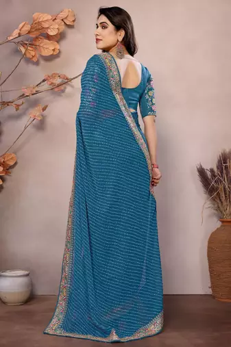 teal blue leheriya printed saree with blouse