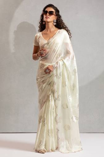 Off white handwork zarkan border work satin silk party wear saree