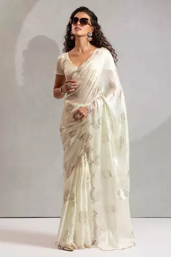 Off white handwork zarkan border work satin silk party wear saree