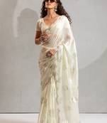 Off white handwork zarkan border work satin silk party wear saree