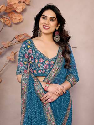 teal blue leheriya printed saree with blouse 4