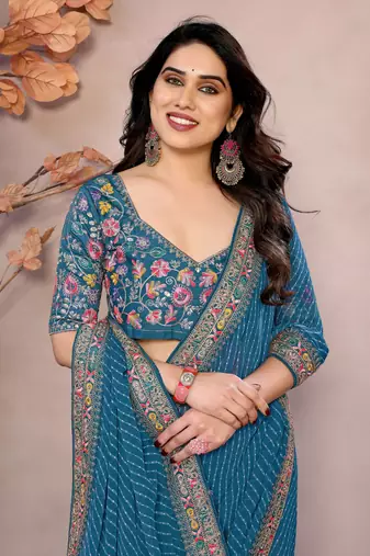 teal blue leheriya printed saree with blouse
