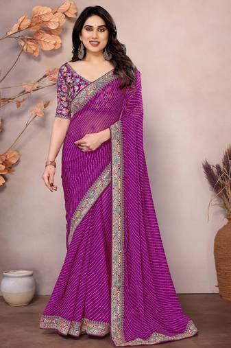 purple zari embroidered georgette saree with blouse