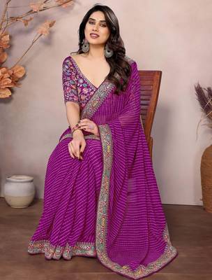 purple zari embroidered georgette saree with blouse 2