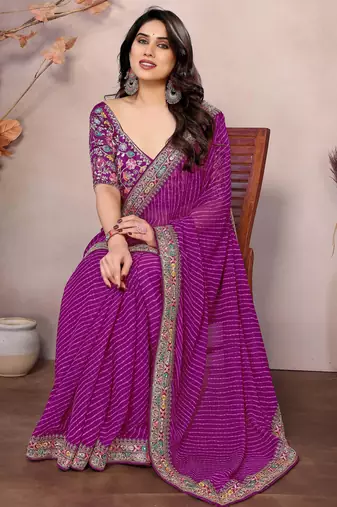 purple zari embroidered georgette saree with blouse