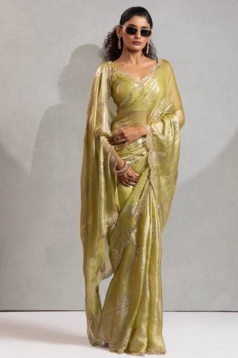 Green handwork zarkan border work satin silk party wear saree