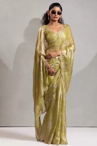 Green handwork zarkan border work satin silk party wear saree