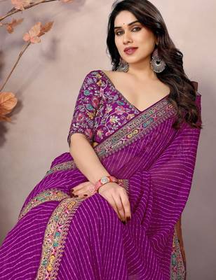 purple zari embroidered georgette saree with blouse 4