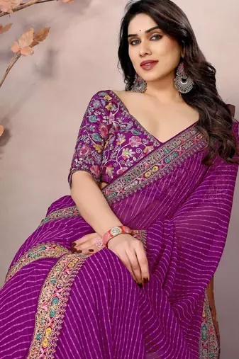 purple zari embroidered georgette saree with blouse