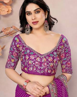 purple zari embroidered georgette saree with blouse 5