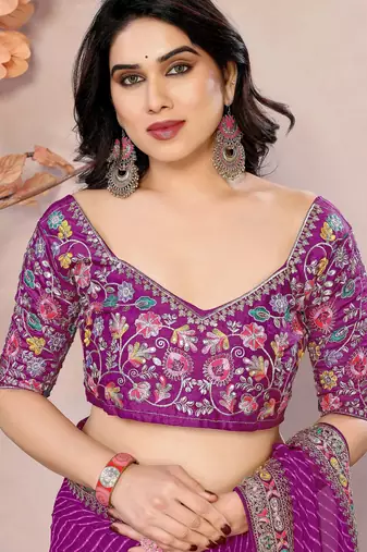 purple zari embroidered georgette saree with blouse