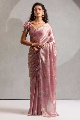 Pink handwork zarkan border work satin silk party wear saree