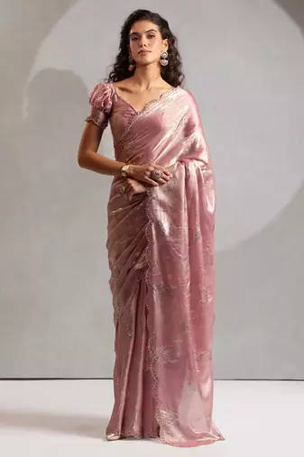 Pink handwork zarkan border work satin silk party wear saree