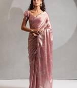 Pink handwork zarkan border work satin silk party wear saree