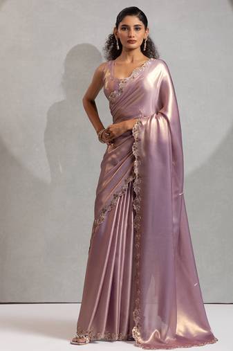 Lavender heavy zarkan handwork satin georgette saree with blouse piece