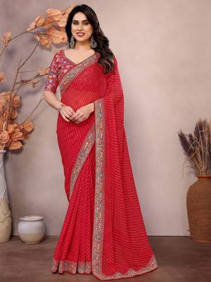 red georgette zari embroidered saree with blouse 1
