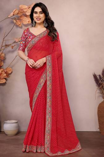 red georgette zari embroidered saree with blouse