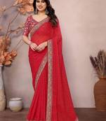 red georgette zari embroidered saree with blouse