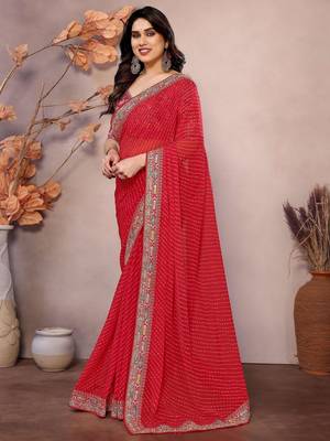 red georgette zari embroidered saree with blouse 2