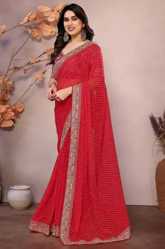 red georgette zari embroidered saree with blouse
