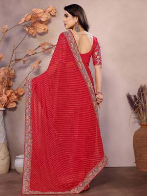 red georgette zari embroidered saree with blouse 3