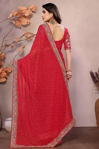 red georgette zari embroidered saree with blouse