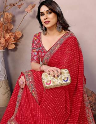 red georgette zari embroidered saree with blouse 4